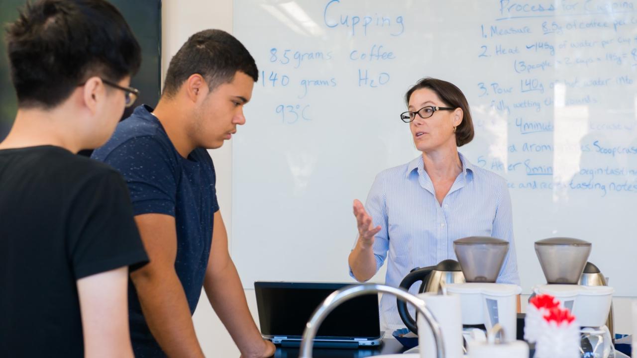 Professor Tonya Kuhl lectures to students at the UC Davis Undergraduate Coffee Laboratory. Photo: TJ Ushing/UC Davis. uc davis chemical engineering professor chair tonya kuhl