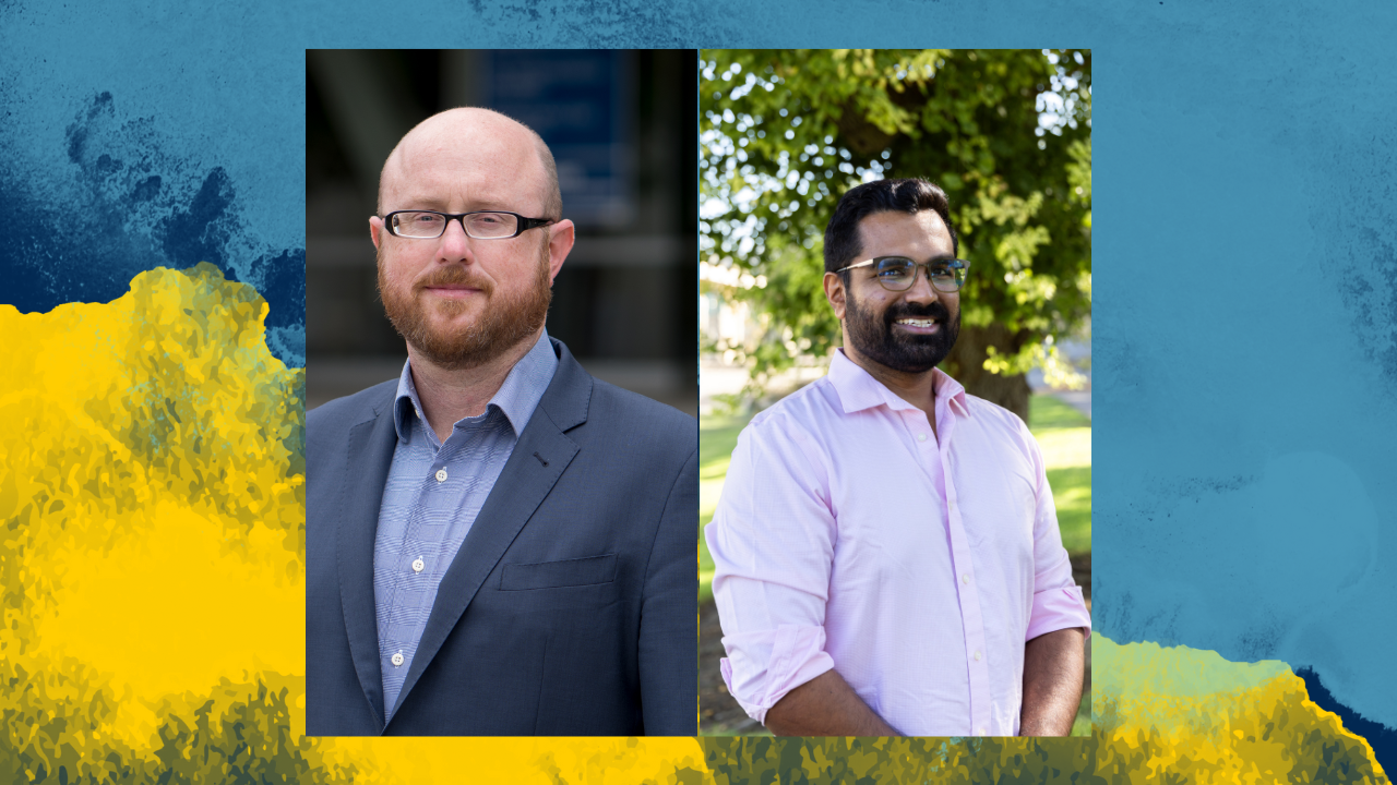 Two photos of two men on a blue and yellow background