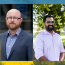 Two photos of two men on a blue and yellow background
