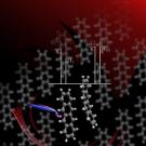 A background of fading photos on a red backsplash with a conceptual simulation of a photon splitting into two particles and red swooping lines